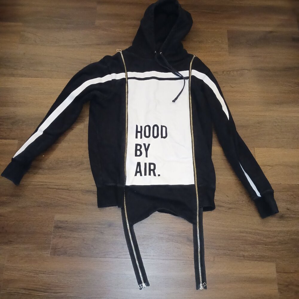 RARE DESIGNER ATHLEISURE Hood By Air Parka HOODIE Size L Black WHITE ZIPPERS